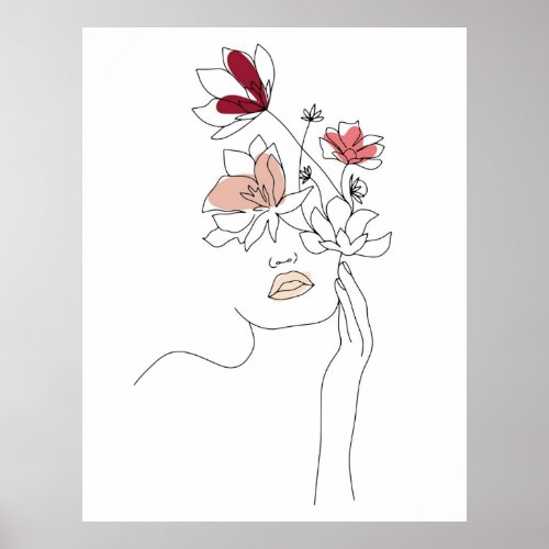 Abstract Line Art Woman With Flowers Poster