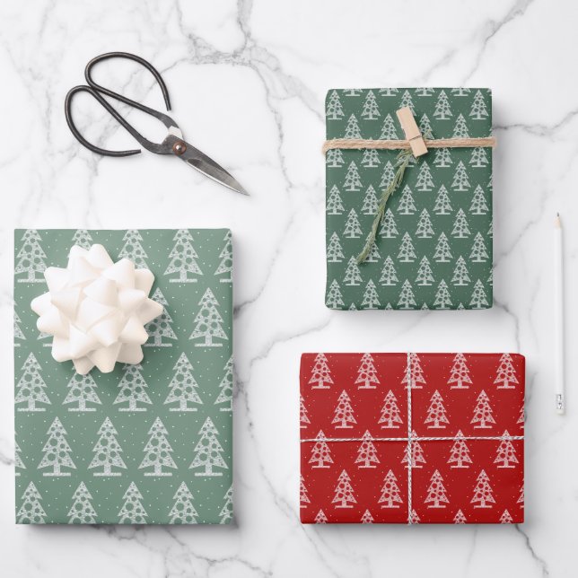 Abstract Line Christmas Trees on Red & Green Wrapping Paper Sheets (Front)