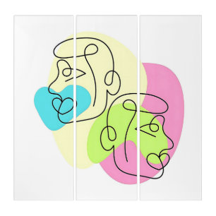 Abstract Line Colorful Twin Faces Triptych