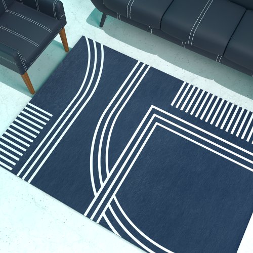 Abstract Line Dark Blue White Contemporary Rug