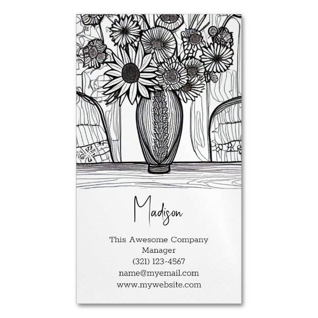 Abstract Line Drawing Floral Art Business Card Magnet (Front Vertical)
