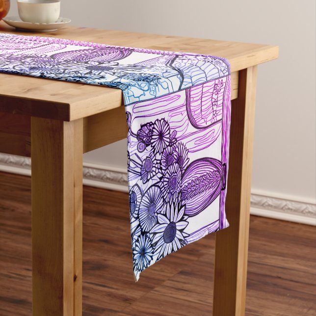 Abstract Line Drawing Floral Art Purple Blue Short Table Runner (In Situ)
