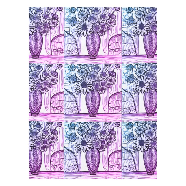 Abstract Line Drawing Floral Art Purple Blue Tablecloth (Front)