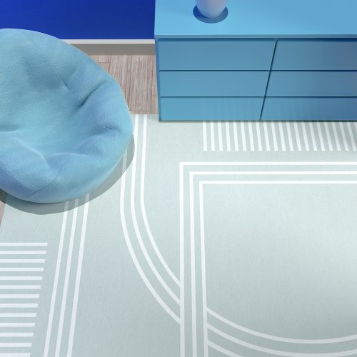 Abstract Line Light Blue White Contemporary Rug