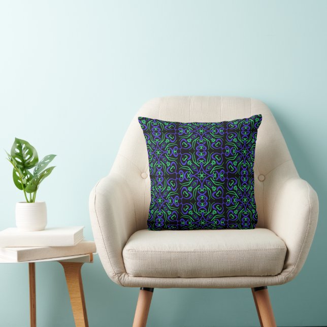 Abstract Line Pattern In Green Violet And Black Throw Pillow (Chair)