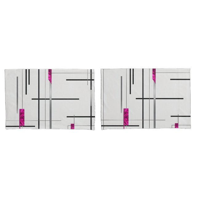 Abstract Linear Art  Black, Silver & Fuschia Pillow Case (Front-Set)