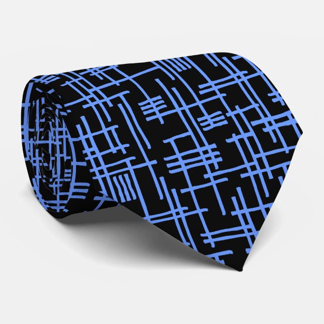 Abstract Lines 120923 - Baby Blue on Black Neck Tie (Rolled)