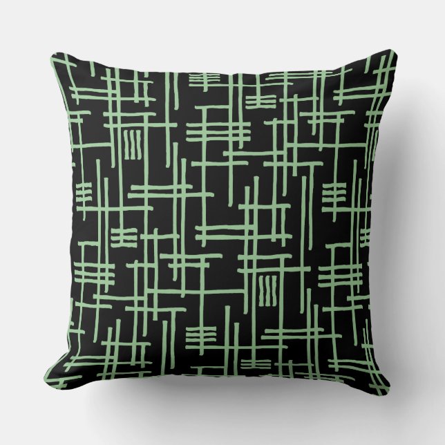 Abstract Lines 120923 - Faded Green on Black Throw Pillow (Front)