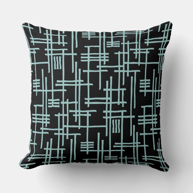 Abstract Lines 120923 - Light Blue Green on Black Throw Pillow (Front)