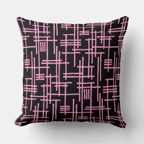 Abstract Lines 120923 _ Pink on Black Throw Pillow