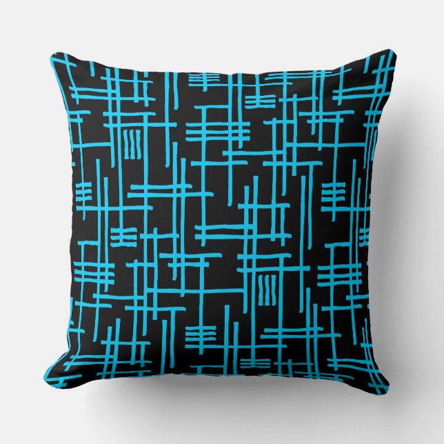 Abstract Lines 120923 - Sky Blue on Black Throw Pillow (Front)
