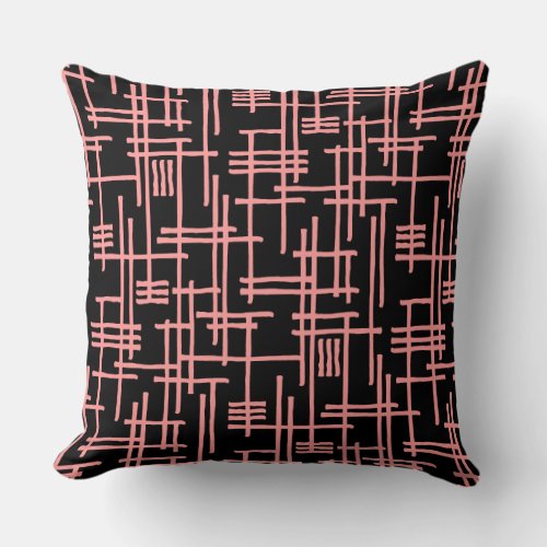Abstract Lines 120923 _ Soft Pink on Black Throw Pillow