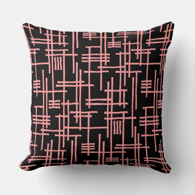 Abstract Lines 120923 - Soft Pink on Black Throw Pillow (Front)