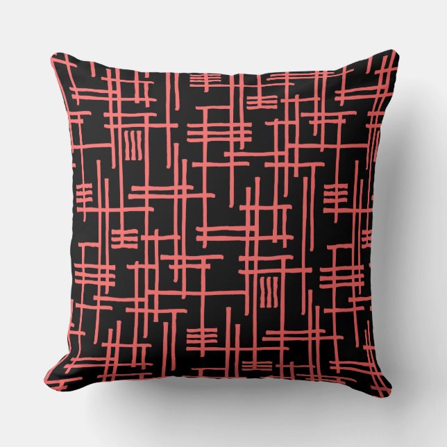 Abstract Lines 120923 - Tropical Pink on Black Throw Pillow (Front)
