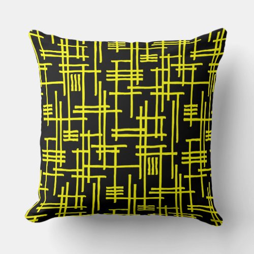 Abstract Lines 120923 _ Yellow on Black Throw Pillow