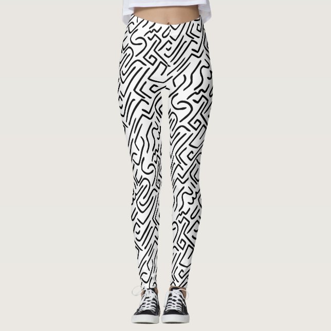 Abstract Lines 130318(b) - Black on White Leggings (Front)