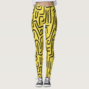 Abstract Lines 130318 - Black on #fff300 Yellow Leggings