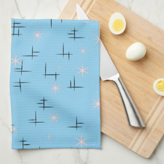 Abstract Lines and Pink Stars Baby Blue Retro Kitchen Towel