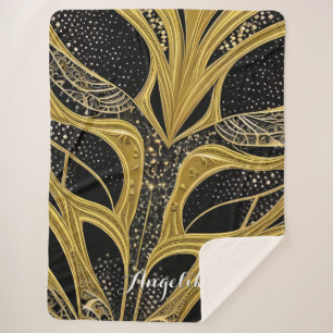 Abstract Lines Black and Gold Personalized Name Sherpa Blanket