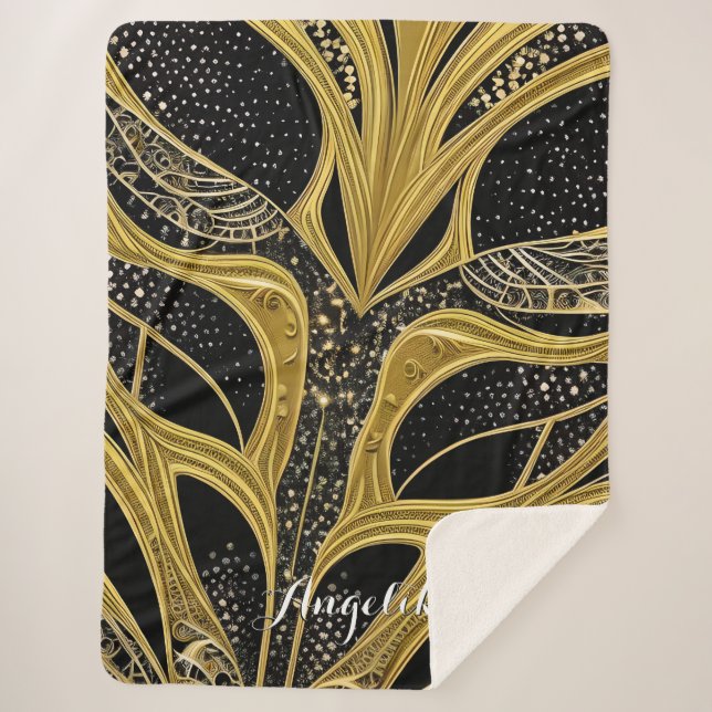 Abstract Lines Black and Gold Personalized Name Sherpa Blanket (Front)