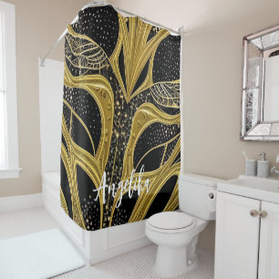 Abstract Lines Black and Gold Personalized Name  Shower Curtain