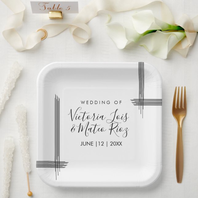 Abstract Lines Black White Modern Wedding Paper Plates (Wedding)