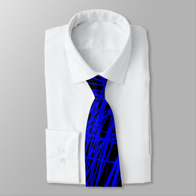 Abstract Lines - Blue on Black Neck Tie (Tied)