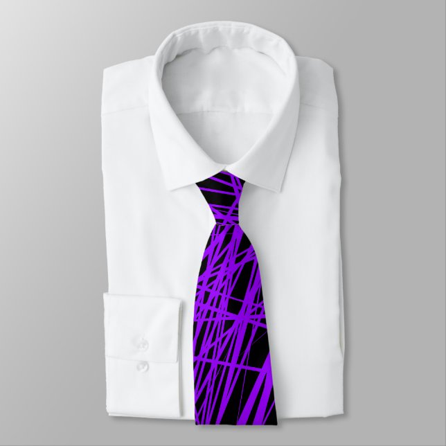 Abstract Lines - Blue Purple on Black Neck Tie (Tied)