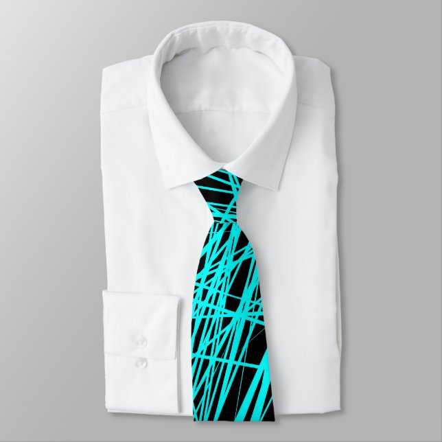 Abstract Lines - Cyan on Black Neck Tie (Tied)