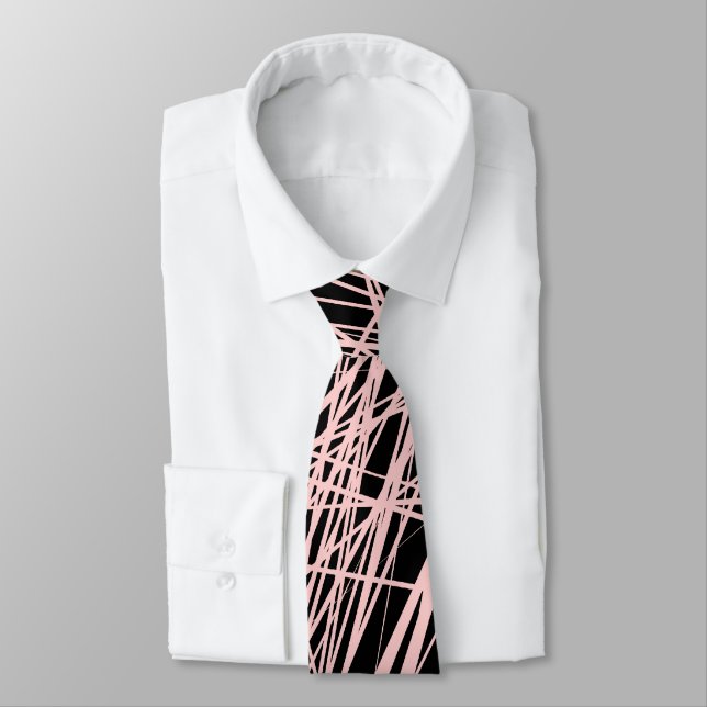 Abstract Lines - Faded Pink on Black Neck Tie (Tied)