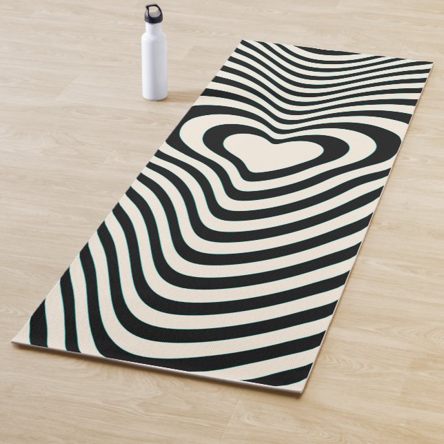Abstract Lines Hearts in black and Almond Cream Yoga Mat (In Situ)