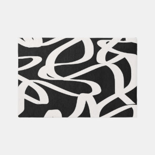 Abstract Lines Modern Black And Beige Cream Swirl Rug