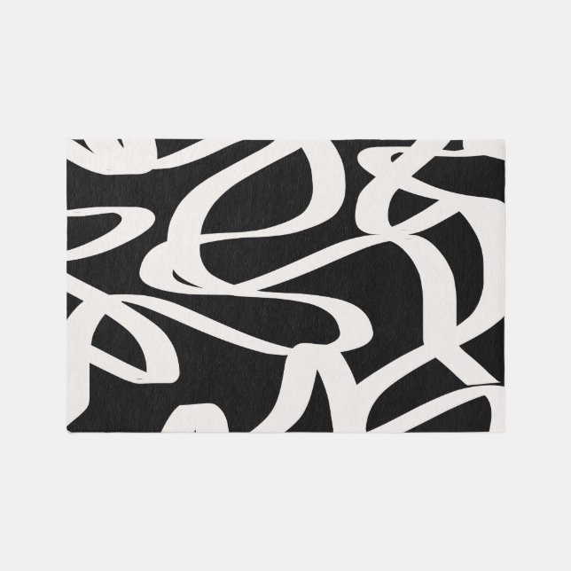 Abstract Lines Modern Black And Beige Cream Swirl Rug (Front)