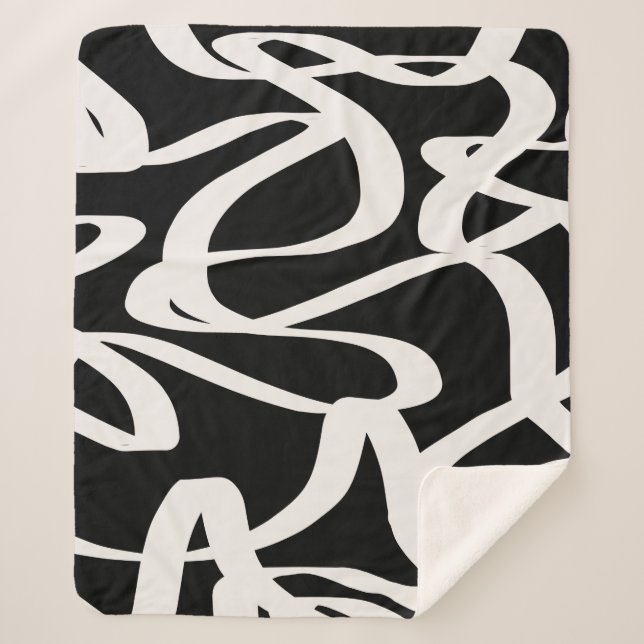 Abstract Lines Modern Black And Beige Cream Swirl Sherpa Blanket (Front)