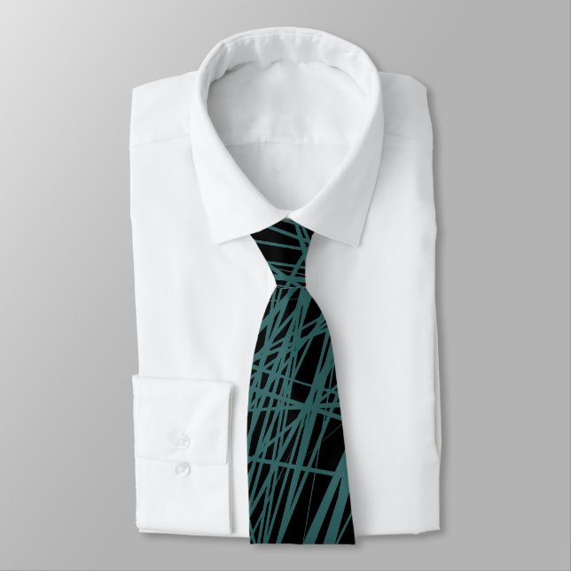 Abstract Lines - Moss Green on Black Neck Tie (Tied)