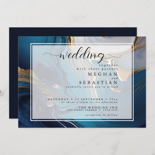 Abstract Liquid Gold on Blue Marble Invitation