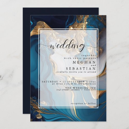 Abstract Liquid Gold on Blue Marble Invitation