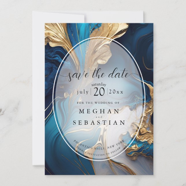 Abstract Liquid Gold on Blue Marble Save The Date (Front)
