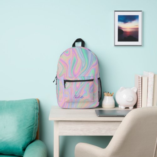 Abstract Liquid Iridescent Pastel Color Add Name Printed Backpack