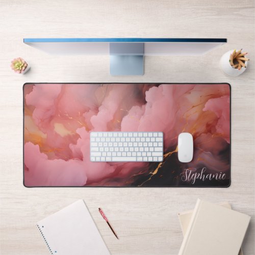 Abstract Liquid Marble Pink Black And Gold Desk Mat