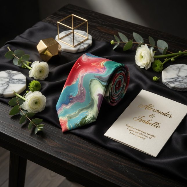 Abstract Liquid Marble Vibrant Emerald Crimson  Neck Tie (Creator Uploaded)