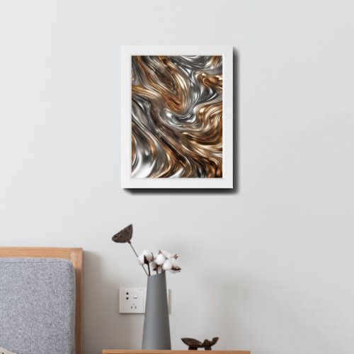 Abstract Liquid Metal Flowing Silver  Gold Framed Art