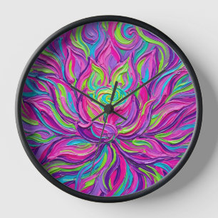 Abstract Lotus Bloom Neon Vibrant Oil Art Clocks