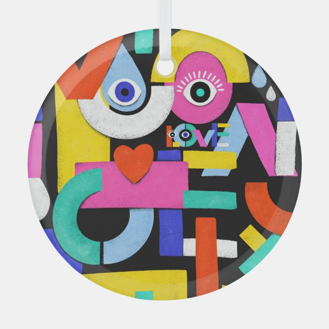 Abstract love, eyes: colorful pattern glass ornament (Front)