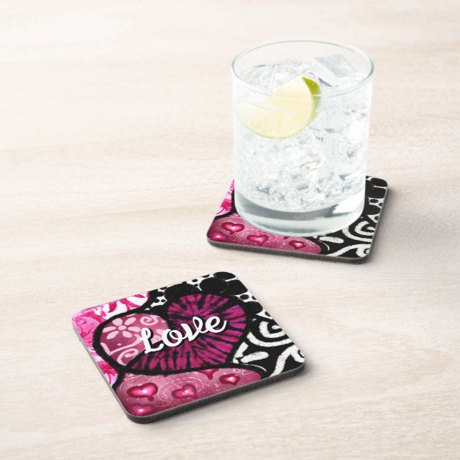 Abstract Love Heart Pink Floral Polka Dots Black Beverage Coaster (Right Side)