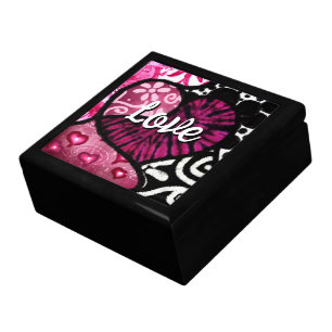 Abstract Love Heart Pink Floral Polka Dots Black Gift Box