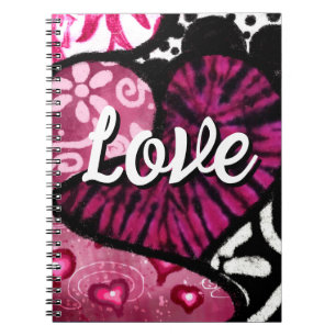 Abstract Love Heart Pink Floral Polka Dots Black Notebook