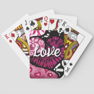 Abstract Love Heart Pink Floral Polka Dots Black Poker Cards