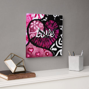 Abstract Love Heart Pink Floral Polka Dots Black Square Wall Clock