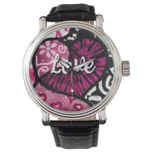 Abstract Love Heart Pink Floral Polka Dots Black Watch